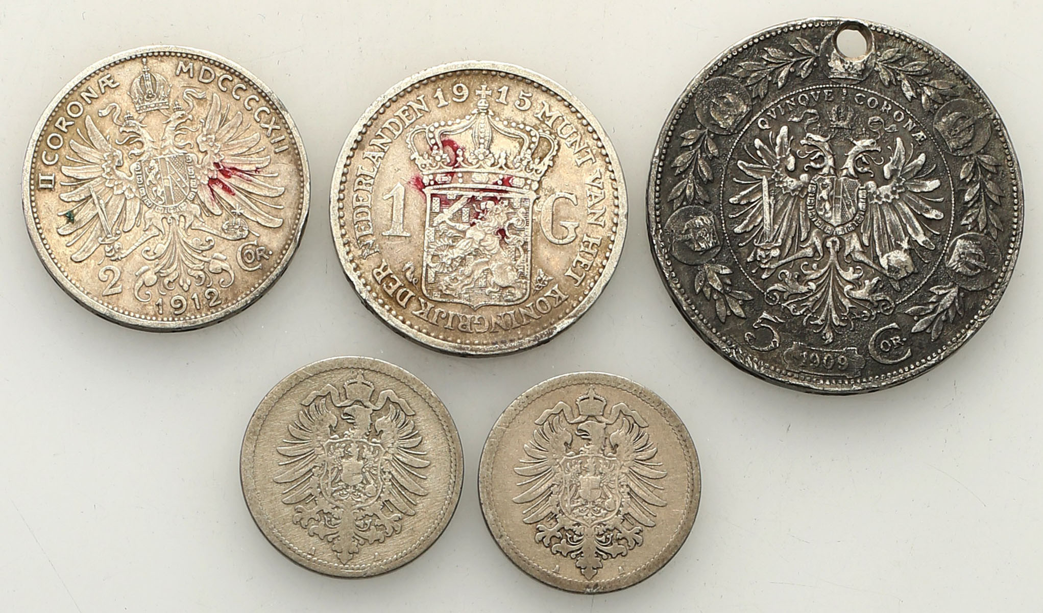 Austria, Niemcy, Holandia. 2 korony 1912, 5 koron 1909, 10 fenigów 1876 i 1888, gulden 1915, zestaw 5 monet